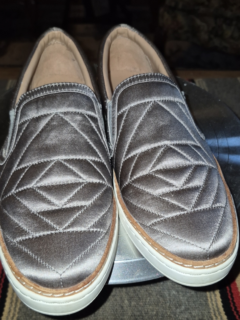 UGG "Soleda": Satin quilted slip-on sneakers. , Silver Grey color.EC(#1856S) - Picture 11 of 16